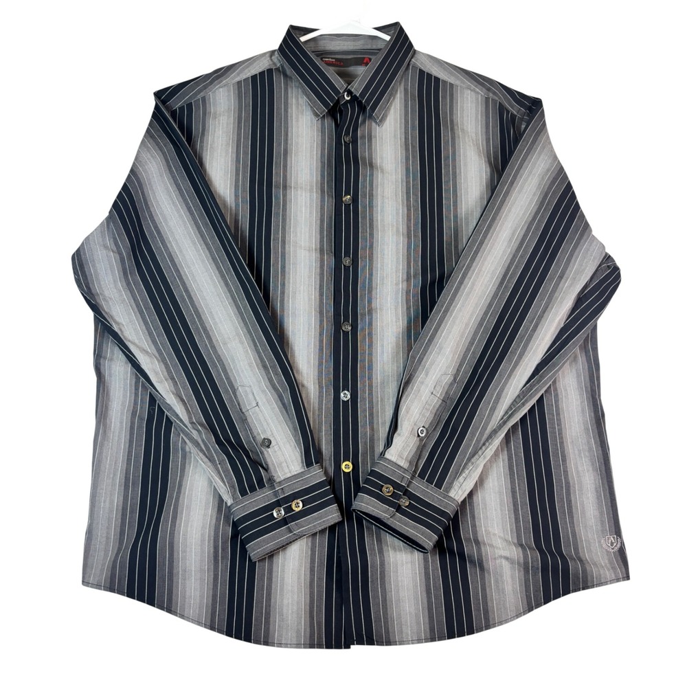 Perry Ellis America Mens XXL Button Down Shirt Grey Black Striped‎ Long Sleeve